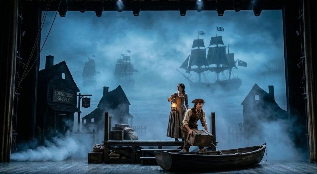 Two spies on the foggy docks with tall ships